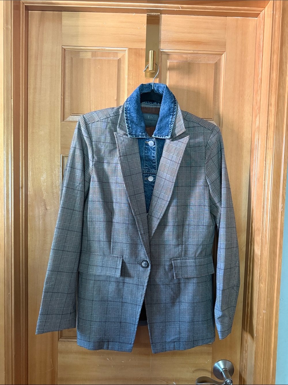 Plaid Single-Button Blazer with Blue Denim Collar